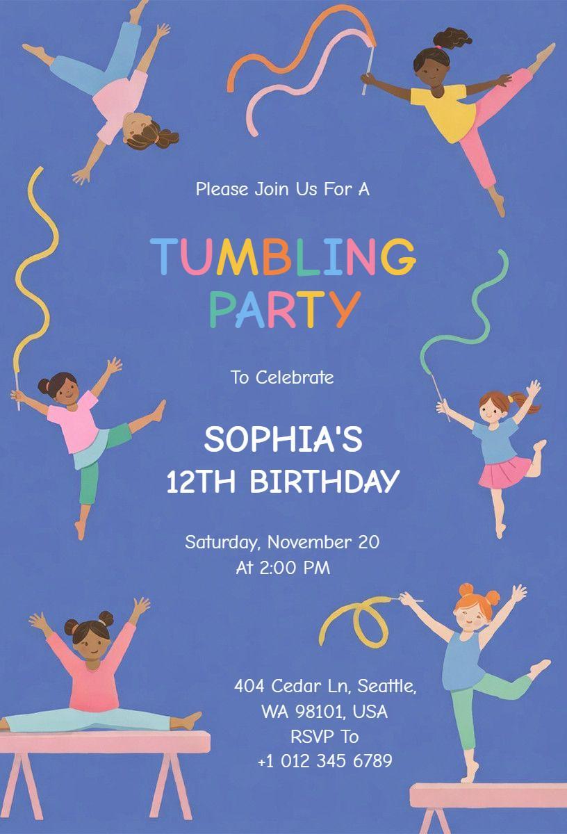 Fun Tumbling Adventure Gymnastics Birthday Invitation Template