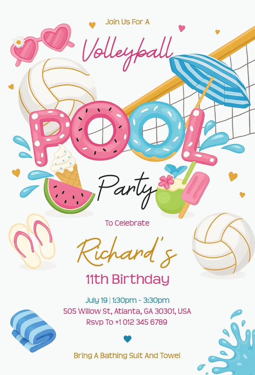 Fun Volleyball Themed Pool Party Invitation Template