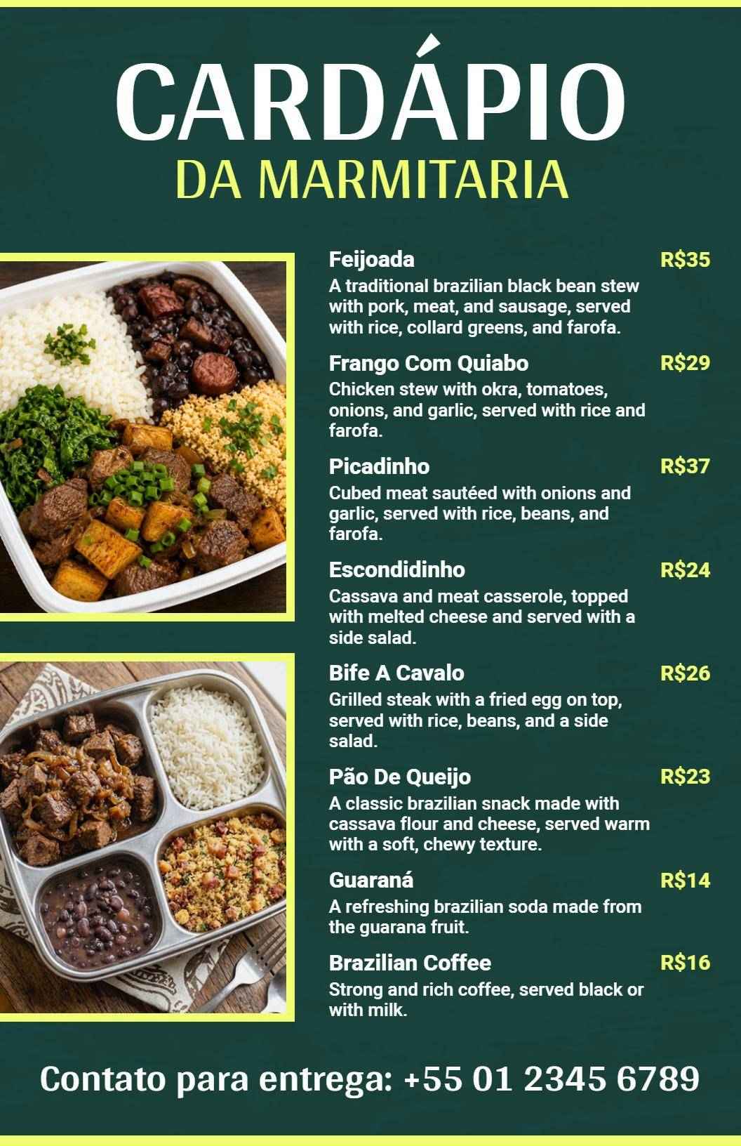 Fundo Verde Elegante Para Modelo De Cardápio De Marmita Brasileira