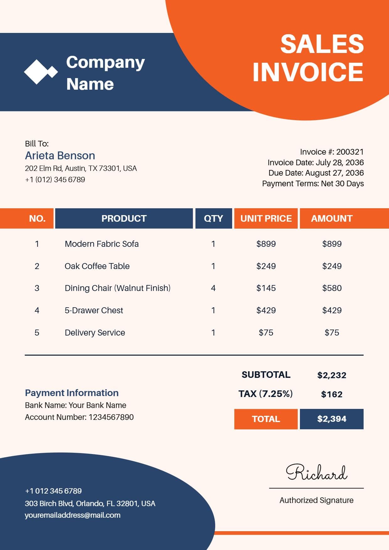 Furniture and Service Billing Details Sales Invoice Template