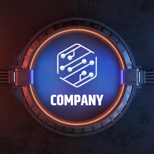 Futuristic Blue and Orange Tech Design Mockup Logo Template
