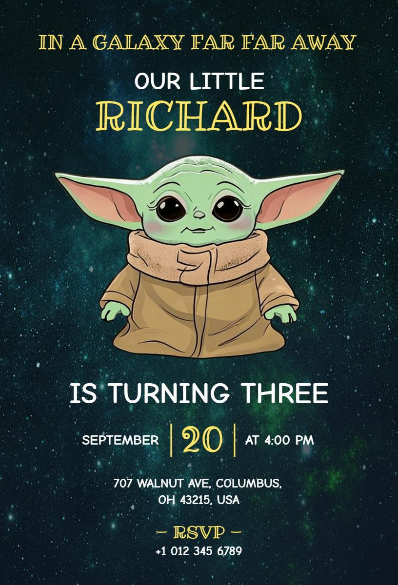 Galactic Baby Yoda Adventure Third Birthday Invitation Template