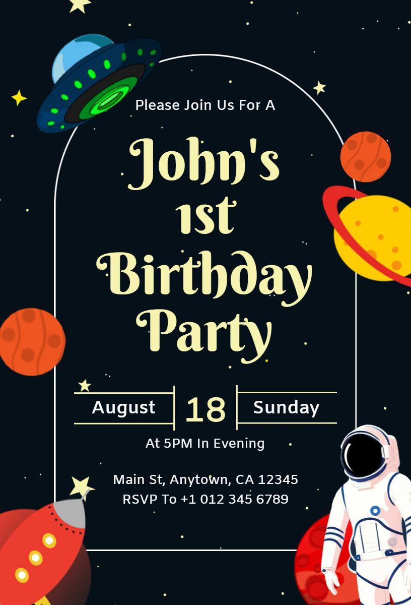 Galactic Space Adventure First Birthday Celebration Invitation Template