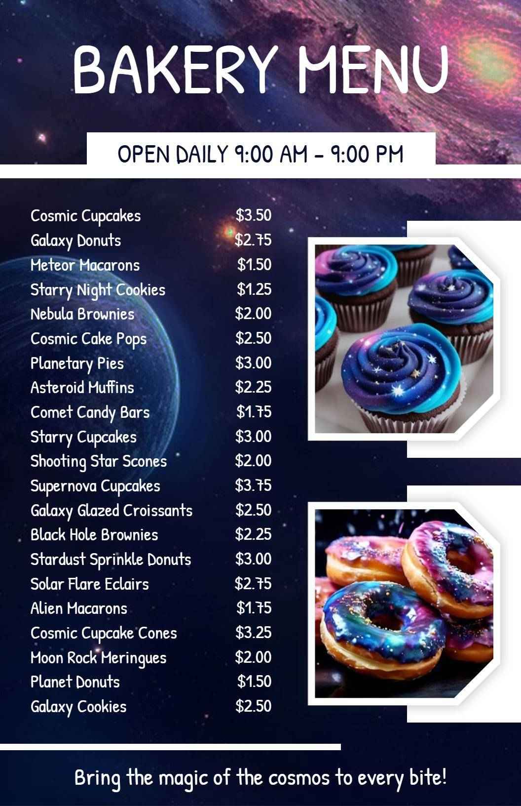 Galactic Sweets and Cosmic Treats Selection Bakery Menu Template