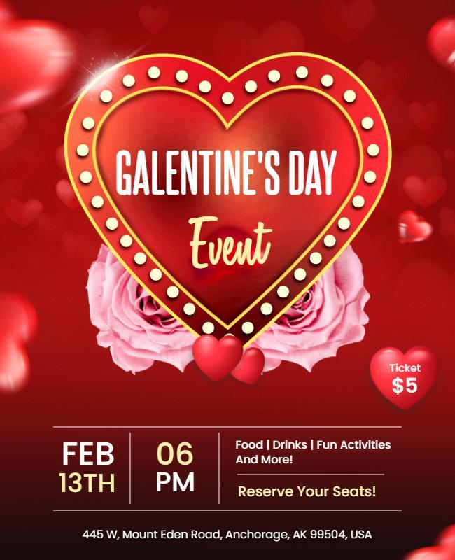 Romantic Red Heart-Themed Galentine's Day Event Flyer Template