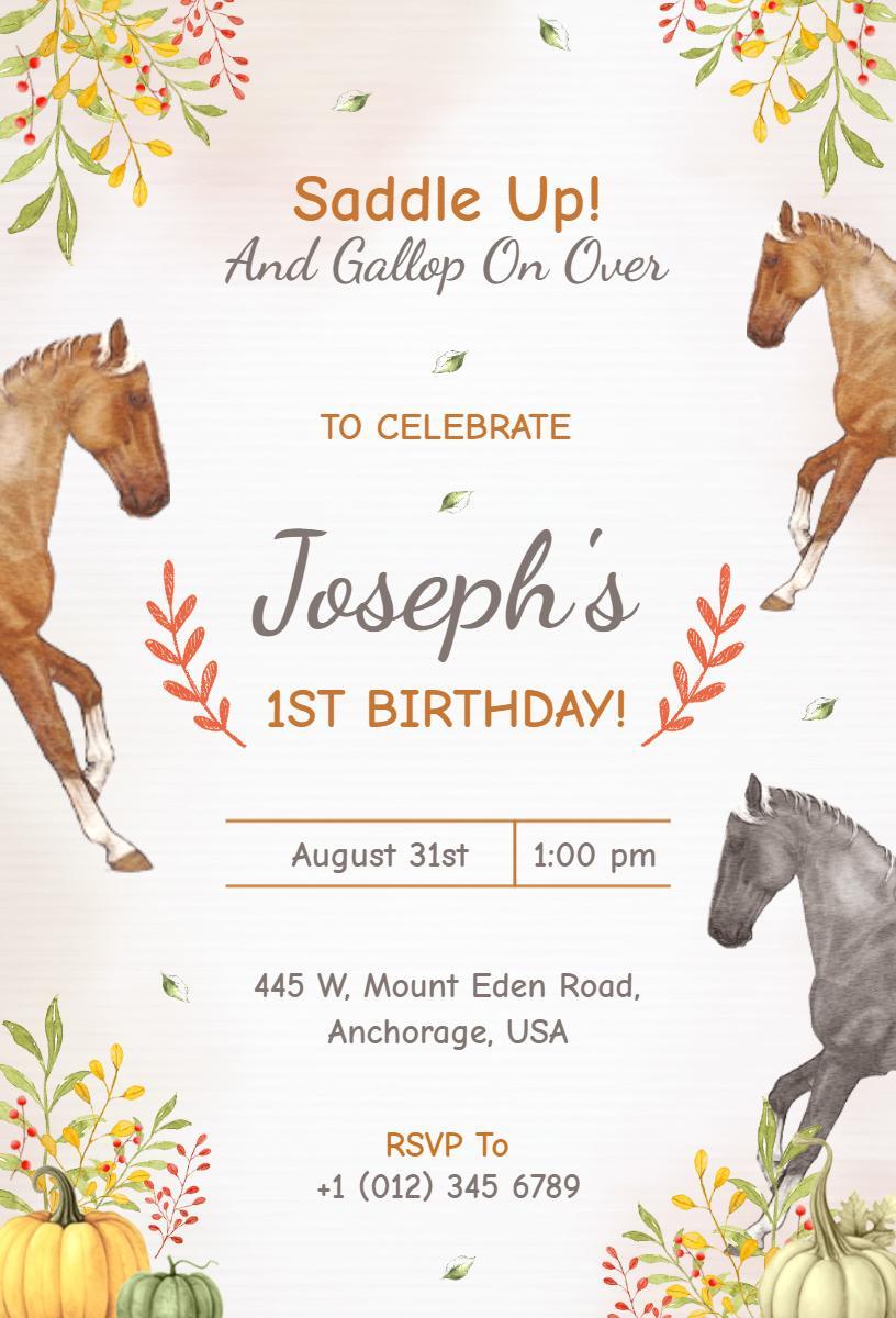 Galloping Horse Theme Fun 1st Birthday Celebration Invitation Template
