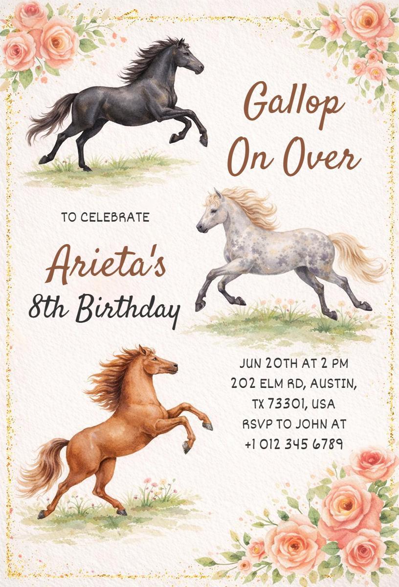 Galloping Horses Fun Horse Birthday Celebration Invitation Template