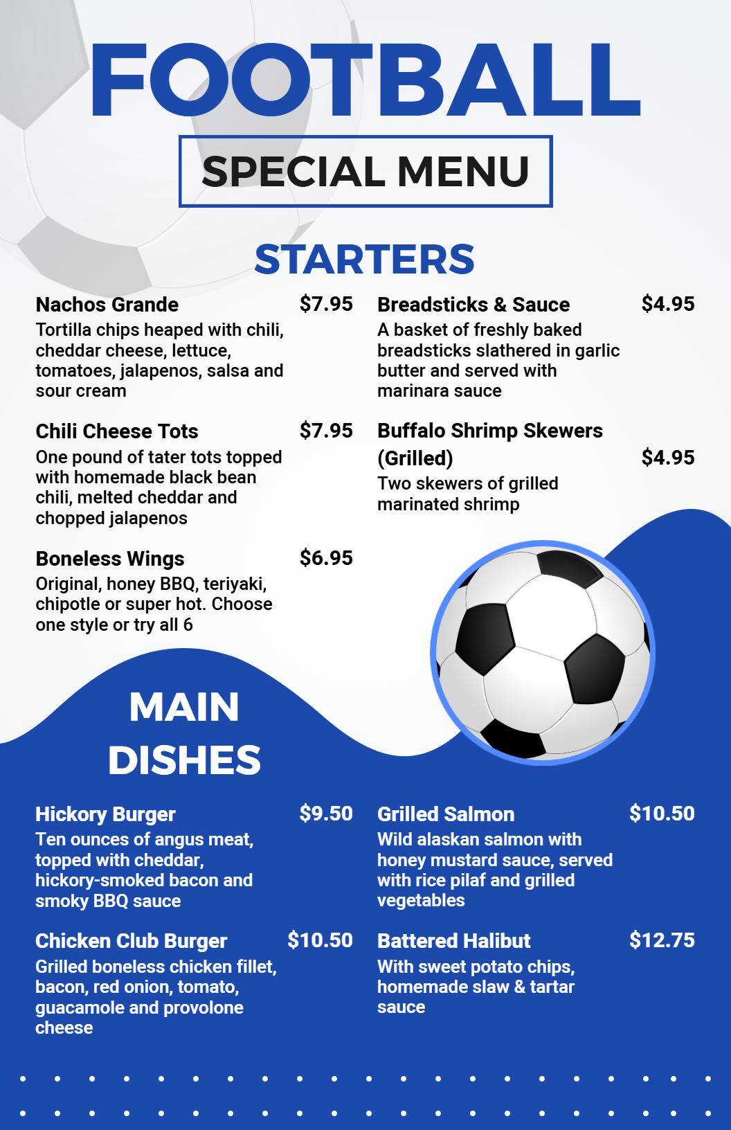 Game Day Blue and White Football Themed Special Menu Template