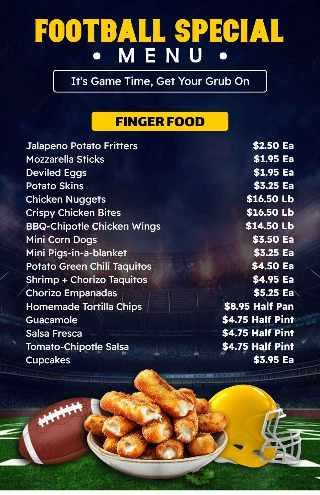 Game Night Dark Blue Football Snack Specials Menu Template