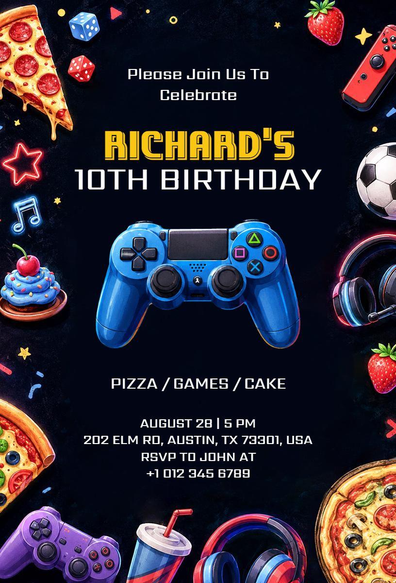 Gaming-Themed 10th Birthday Celebration Invitation Template