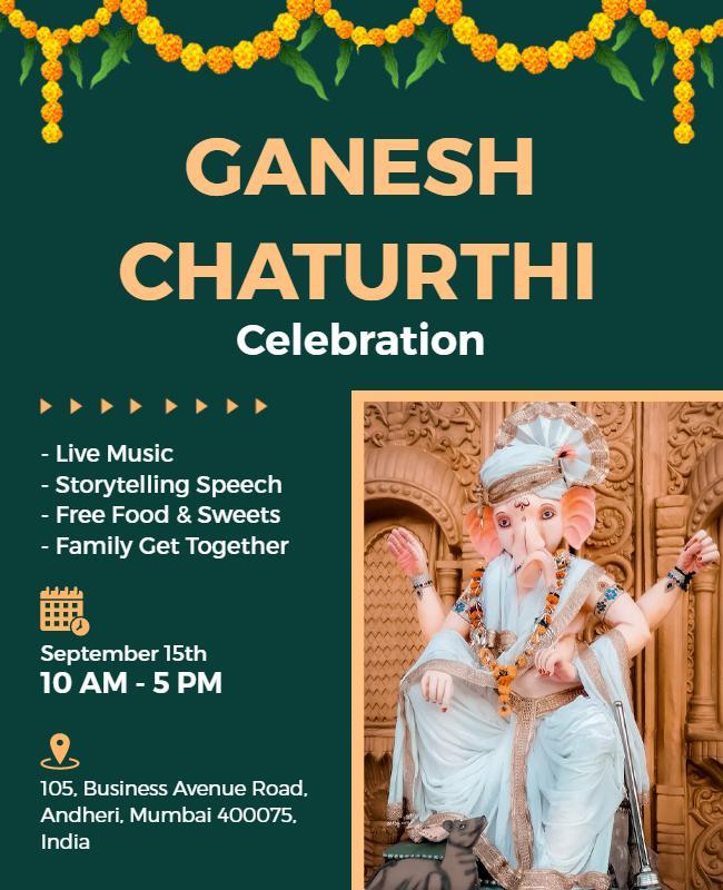 Festive Green Ganesh Chaturthi Celebration Flyer Template