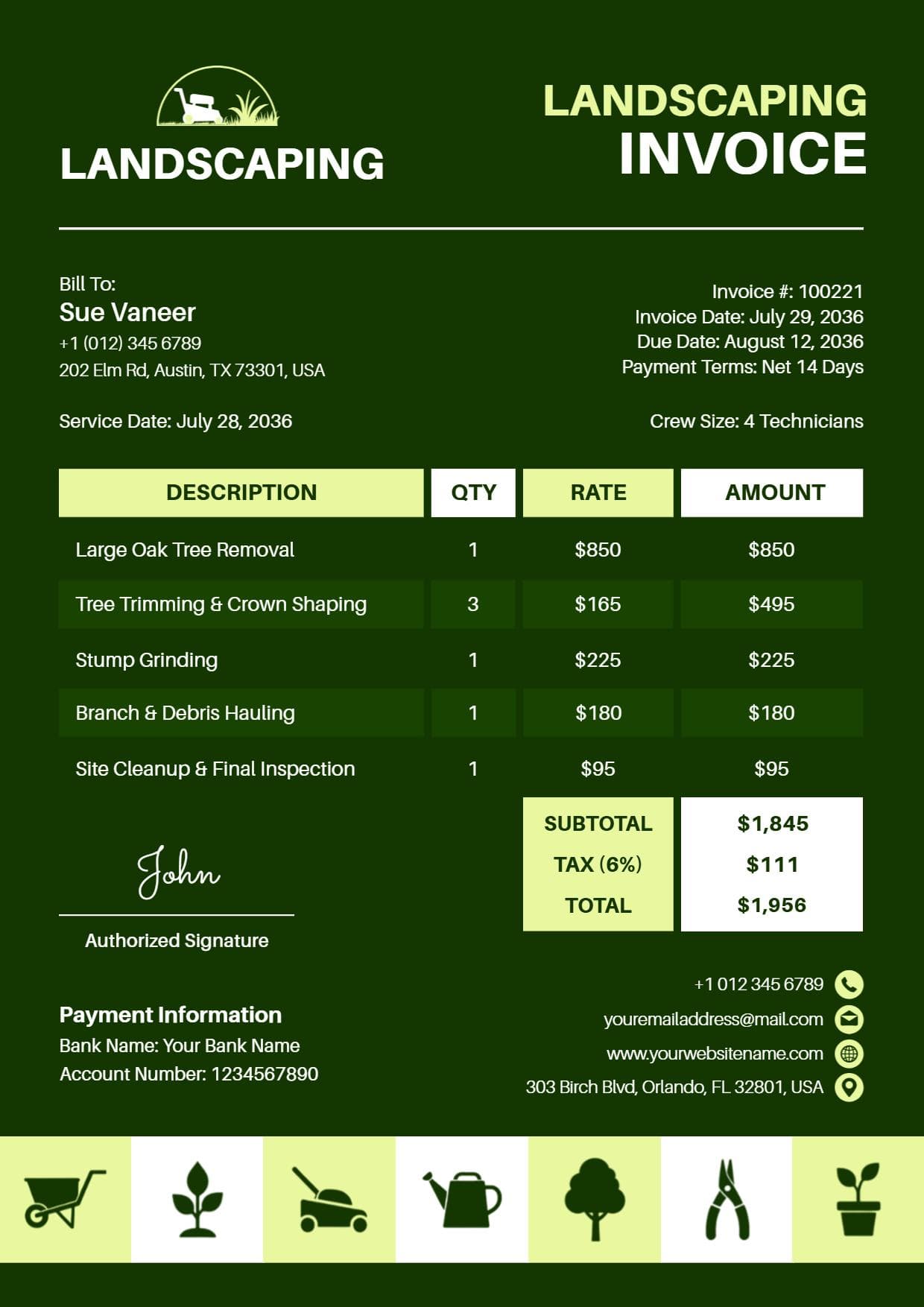 Garden Landscaping Service Billing Costs Invoice Template