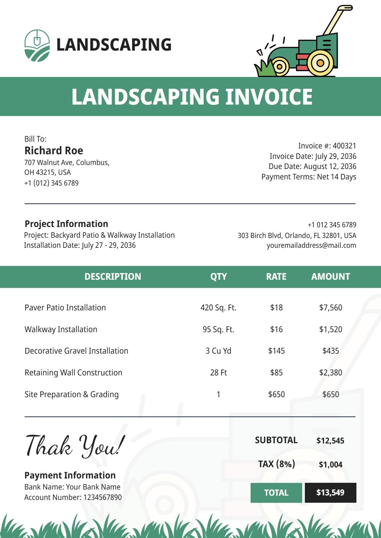 Gardening and Hardscape Services Landscaping Invoice Template