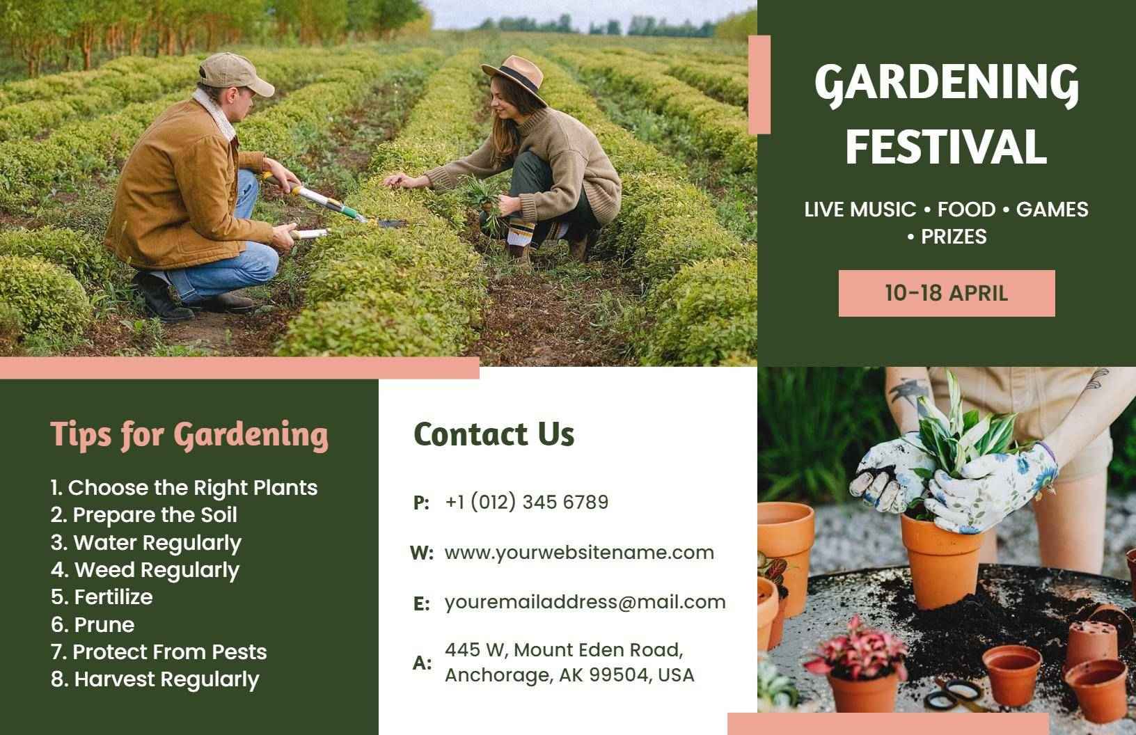 Gardening Festival Live Music and Tips Brochure Template