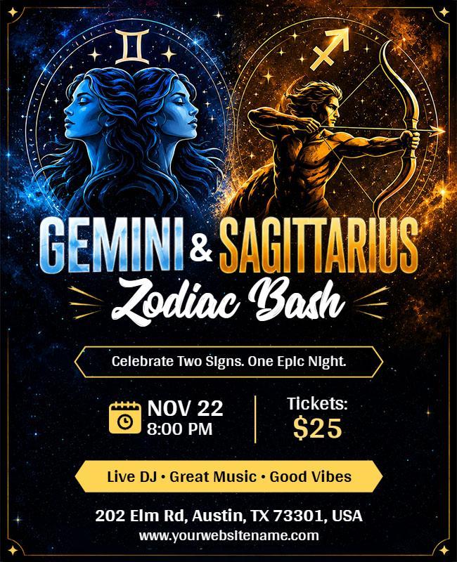 Gemini and Sagittarius Zodiac Bash Event Flyer Template