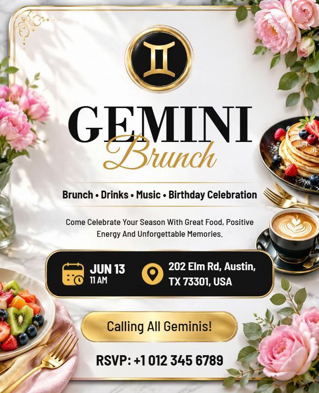 Gemini Birthday Brunch Celebration Flyer Template