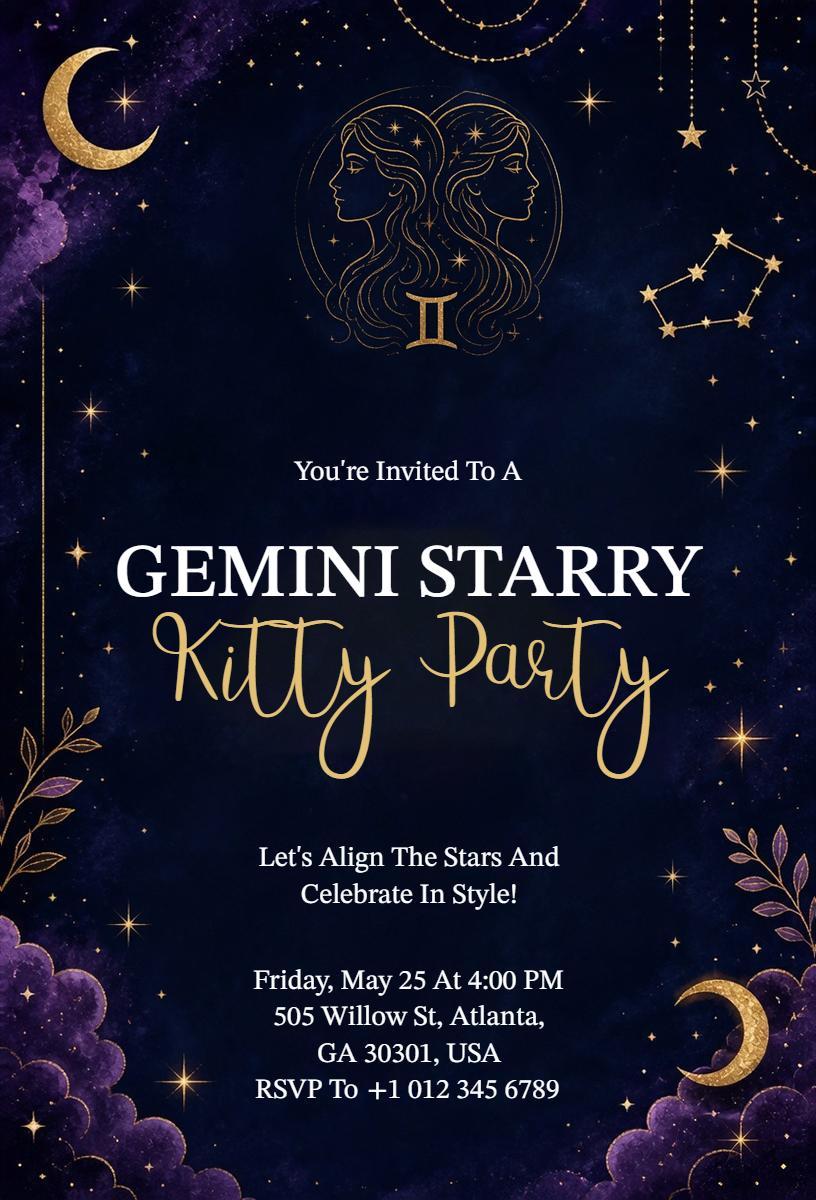 Gemini Starry Night Themed Kitty Party Invitation Template