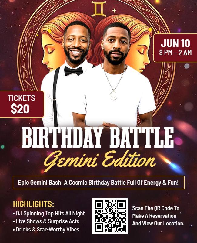 Gemini Zodiac Birthday Battle Celebration Flyer Template