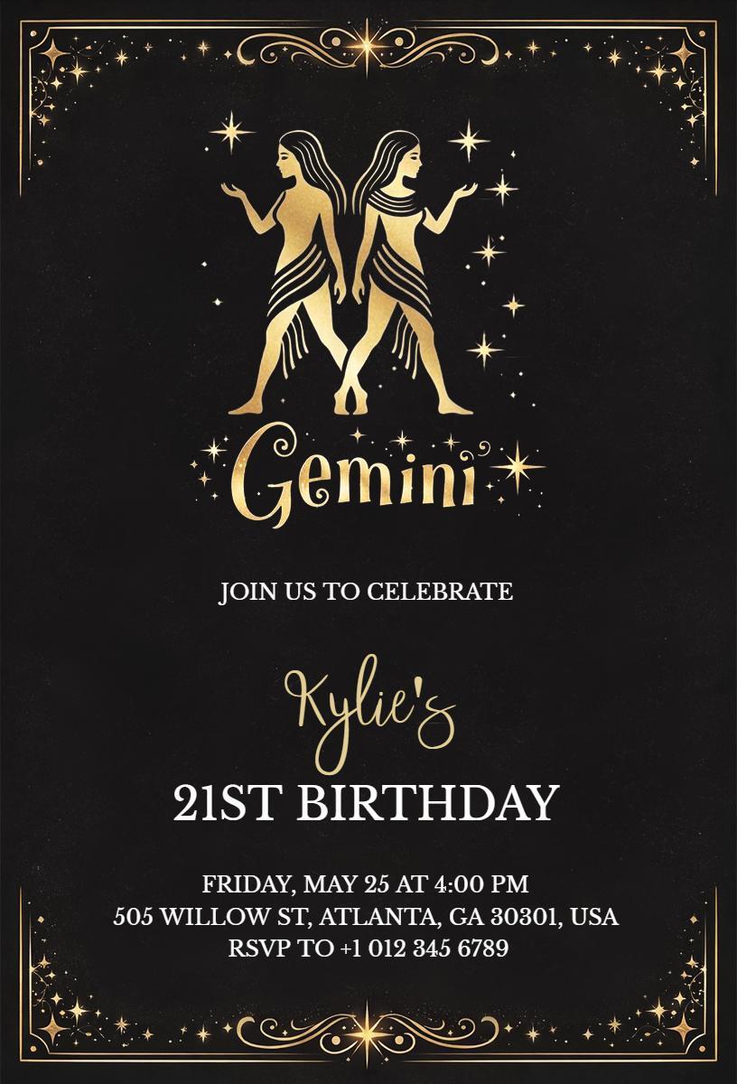Gemini Zodiac Theme 21st Birthday Celebration Invitation Template