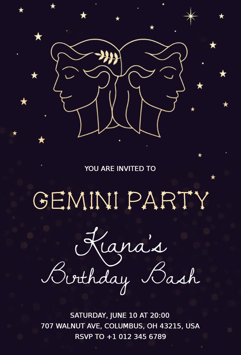 Gemini Zodiac Theme Birthday Celebration Party Invitation Template