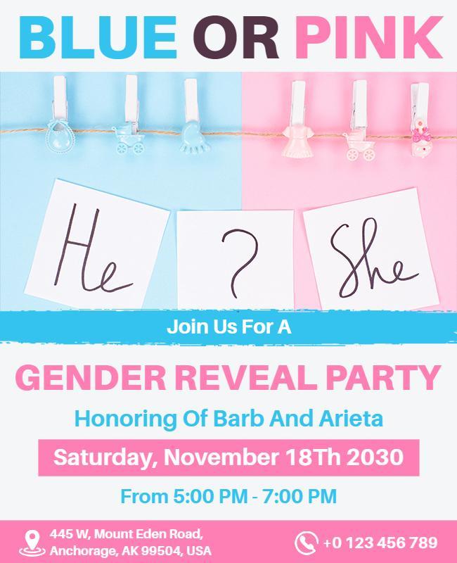 Playful Blue and Pink Gender Reveal Party Flyer Template