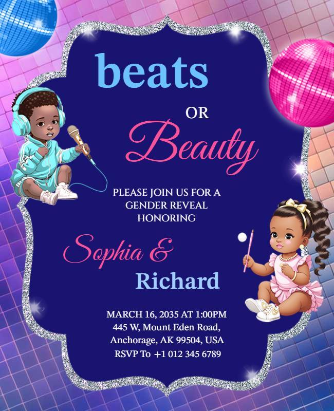 Playful Gender Reveal Party with Beats and Beauty Flyer Template