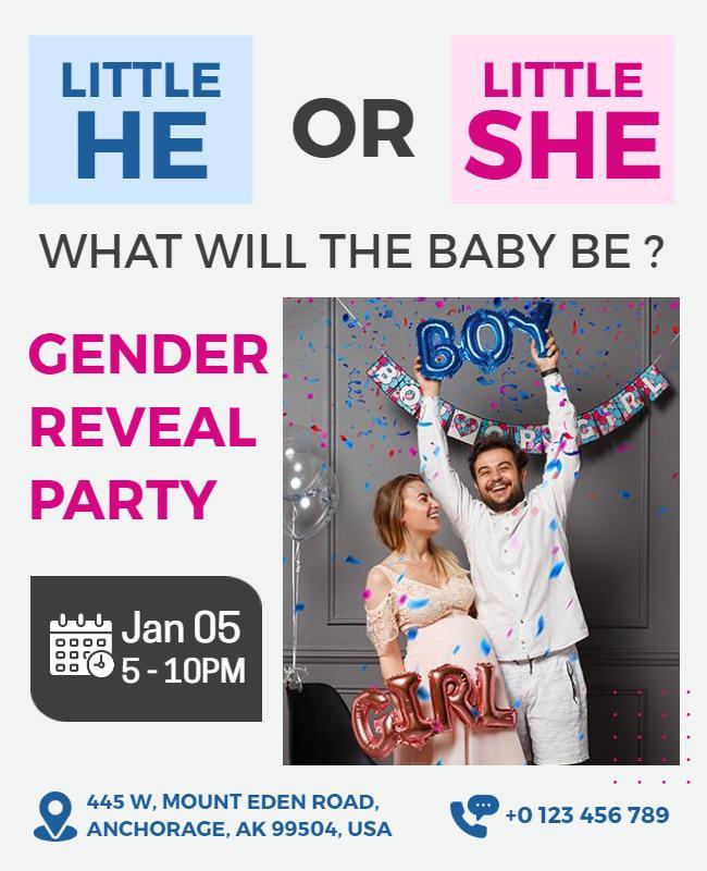 Playful Pink and Blue Gender Reveal Party Flyer Template