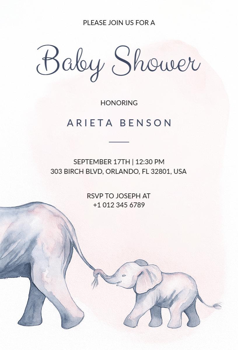 Gentle Elephant Theme Sweet Baby Shower Invitation Template