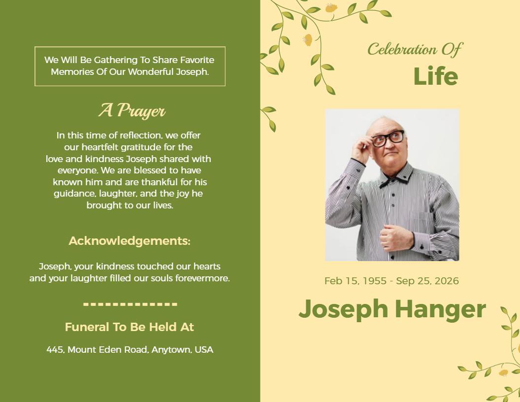 Gentle Yellow Celebration of Life Funeral Brochure Template