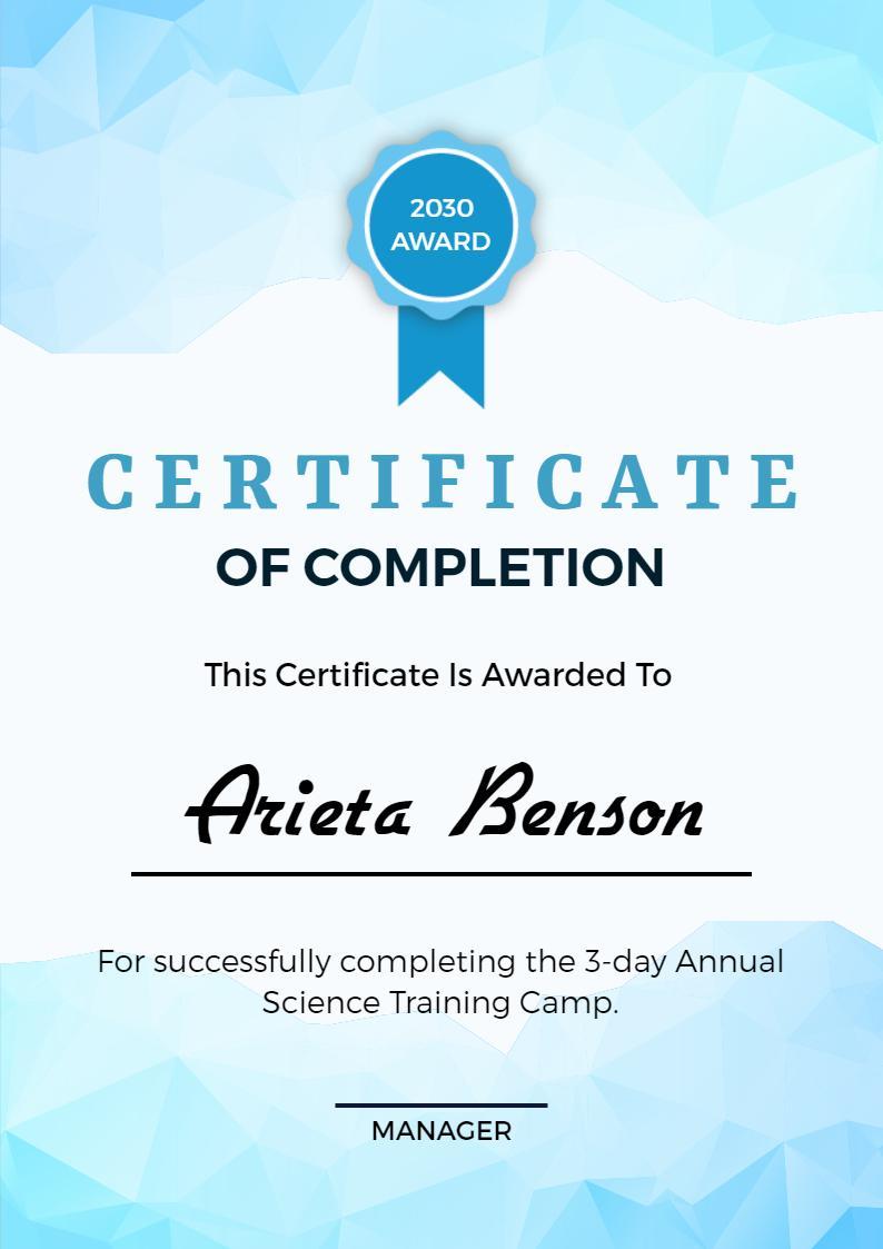 Geometric Blue Gradient Certificate of Completion Template