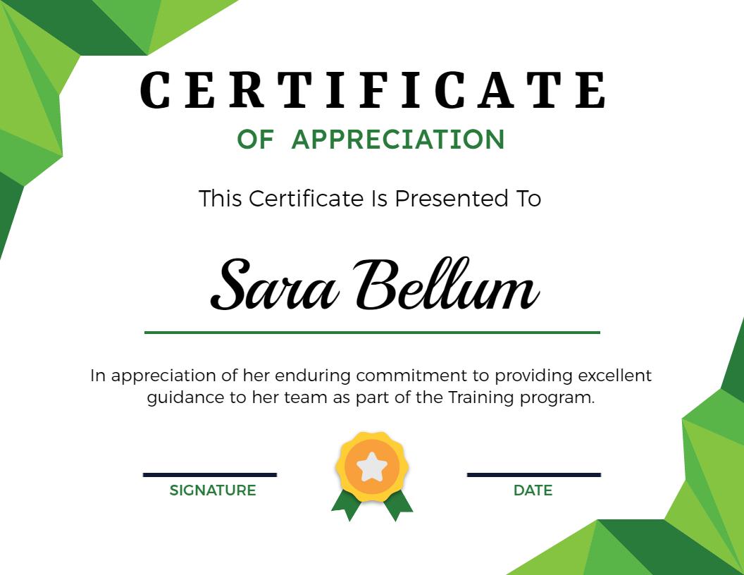 Geometric Green Design for Team Training Appreciation Certificate Template