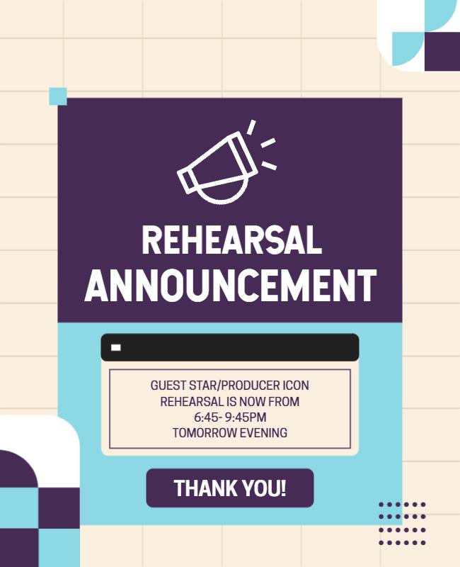 Geometric Purple Rehearsal Announcement Reminder Poster Template