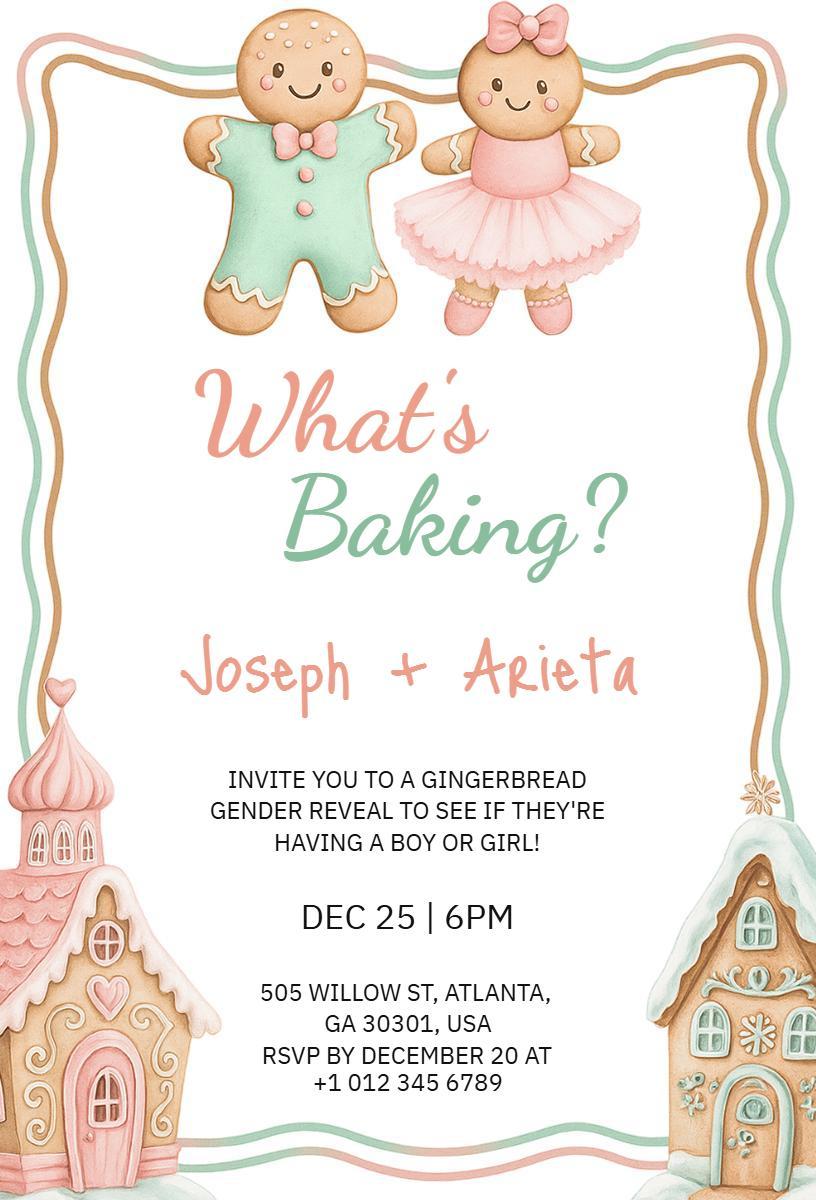 Gingerbread Gender Reveal Christmas Celebration Invitation Template