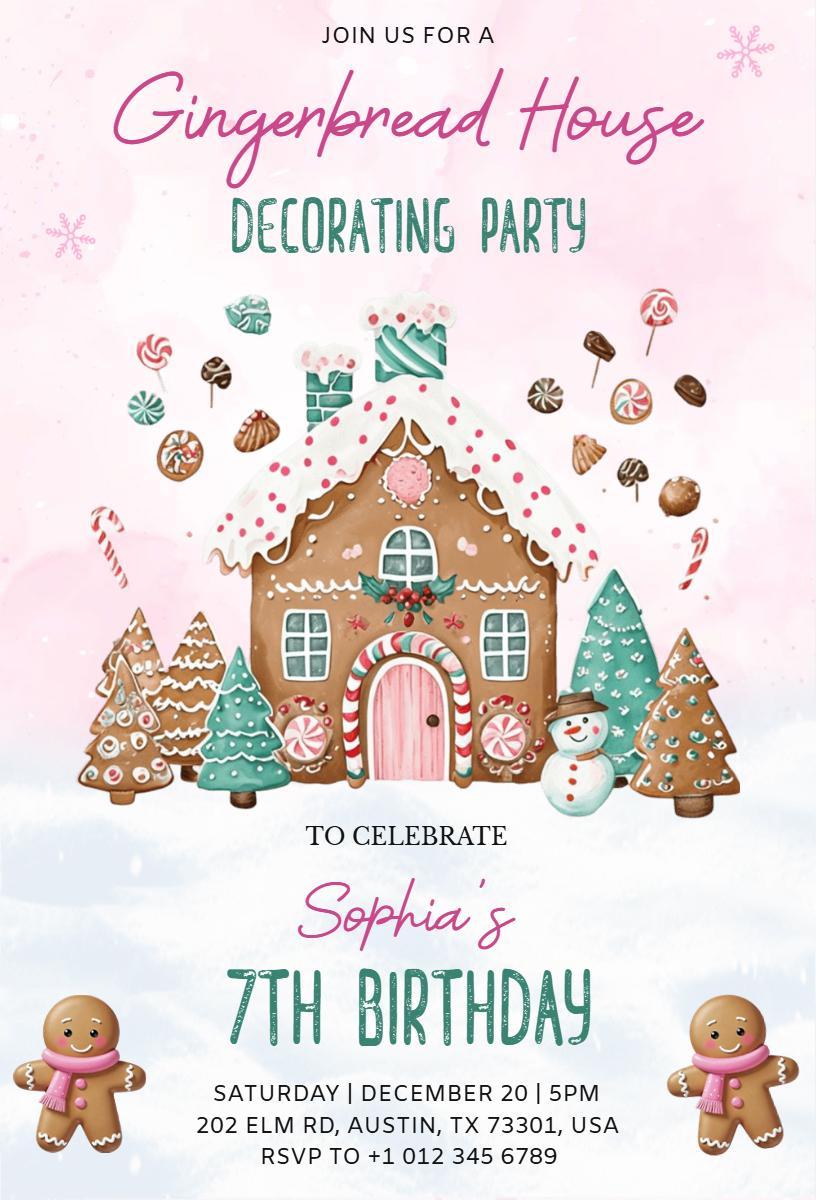 Gingerbread House Decorating 7th Birthday Invitation Template