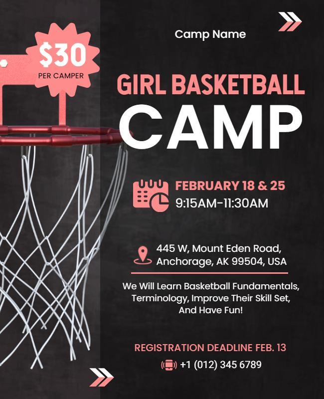 Dynamic Basketball Themed Girls Camp Registration Flyer Template