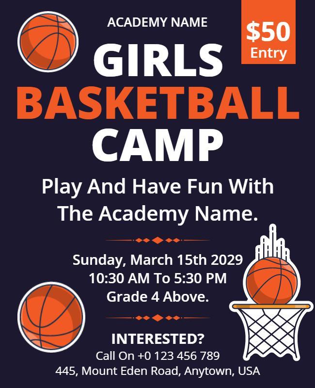 Girls Basketball Camp Promotional Flyer Template