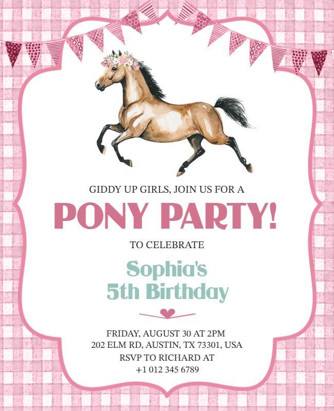 Girls Pony Birthday Party Invitation Flyer Template