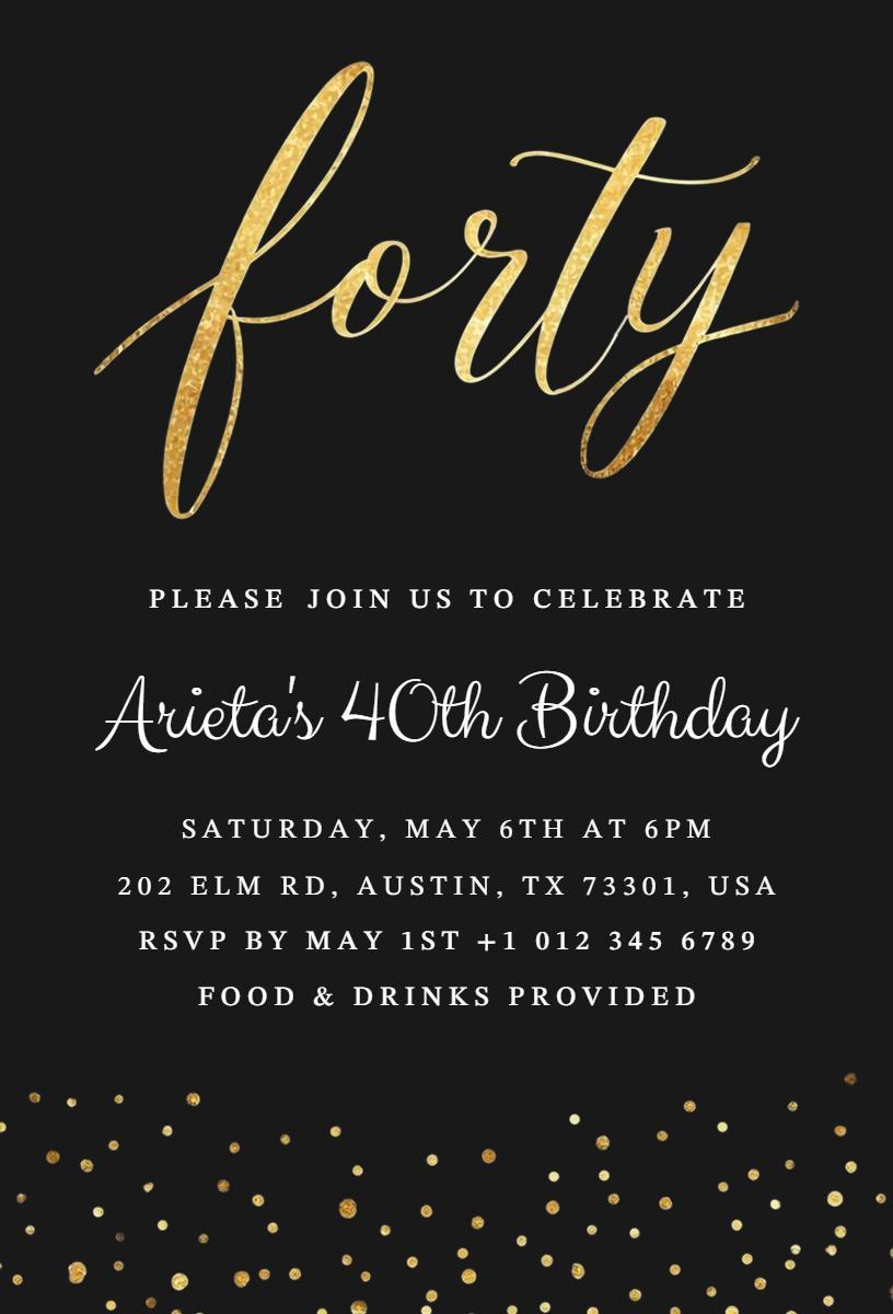 Glamorous Black Gold 40th Birthday Celebration Invitation Template