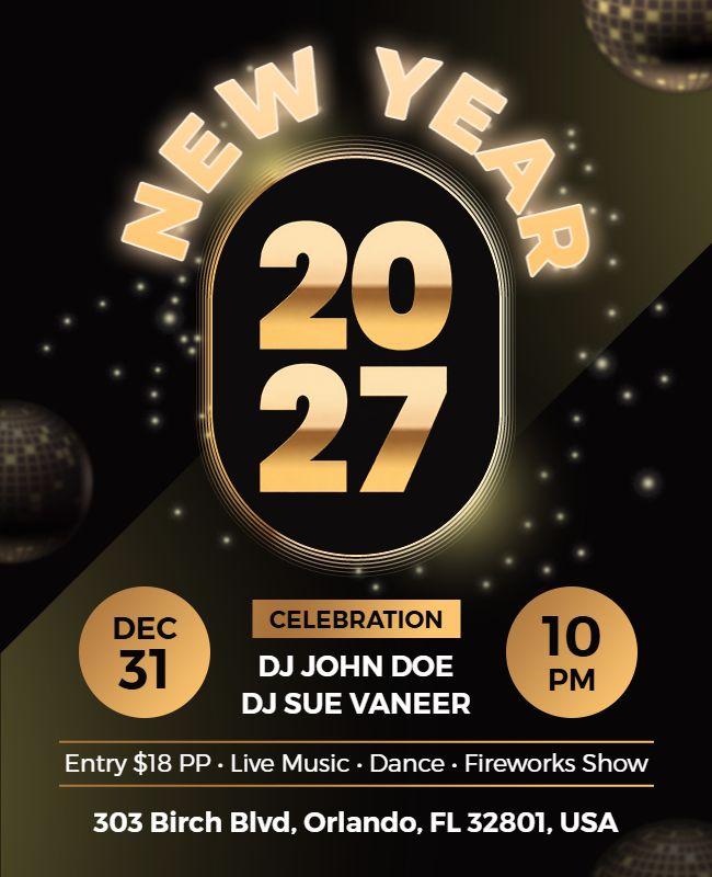 Glamorous Black Gold New Year 2027 Party Flyer Template