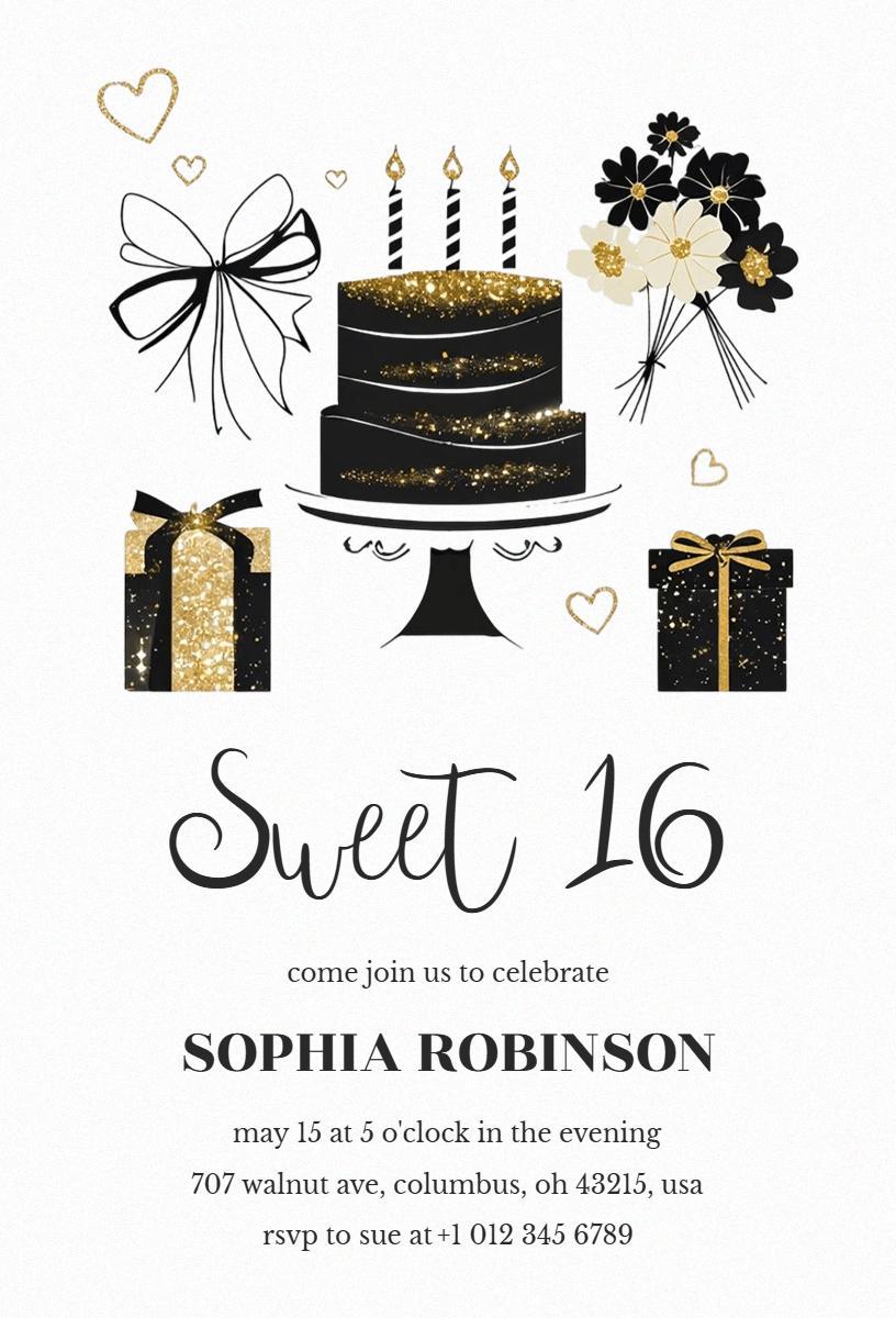 Glamorous Black Gold Sweet 16 Birthday Celebration Invitation Template
