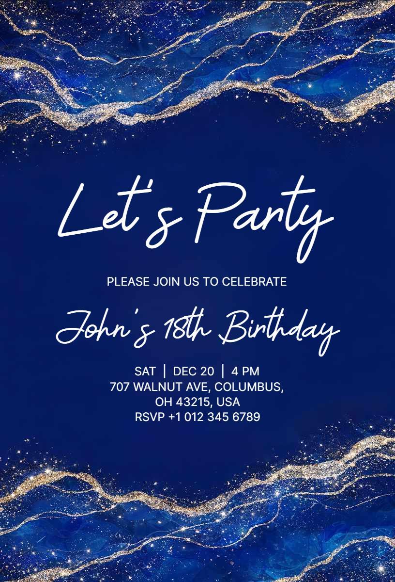 Glamorous Blue Gold Sparkle 18th Birthday Invitation Template