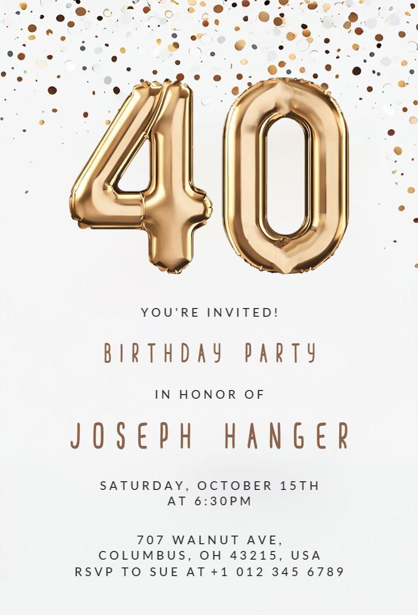 Glamorous Gold 40th Birthday Celebration Invitation Template