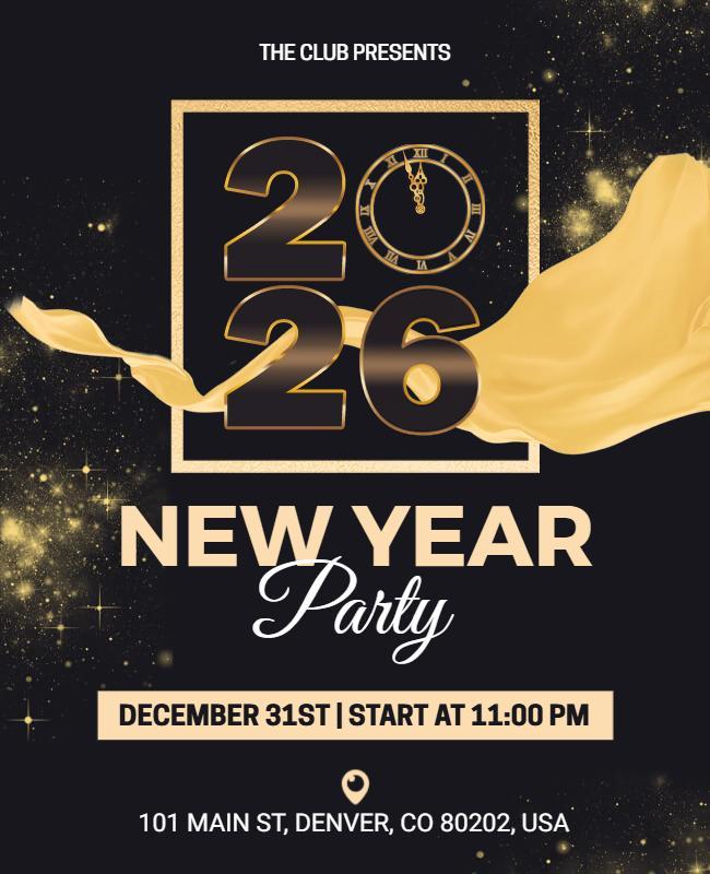 Glamorous Gold Glitter New Year Countdown Party Flyer Template