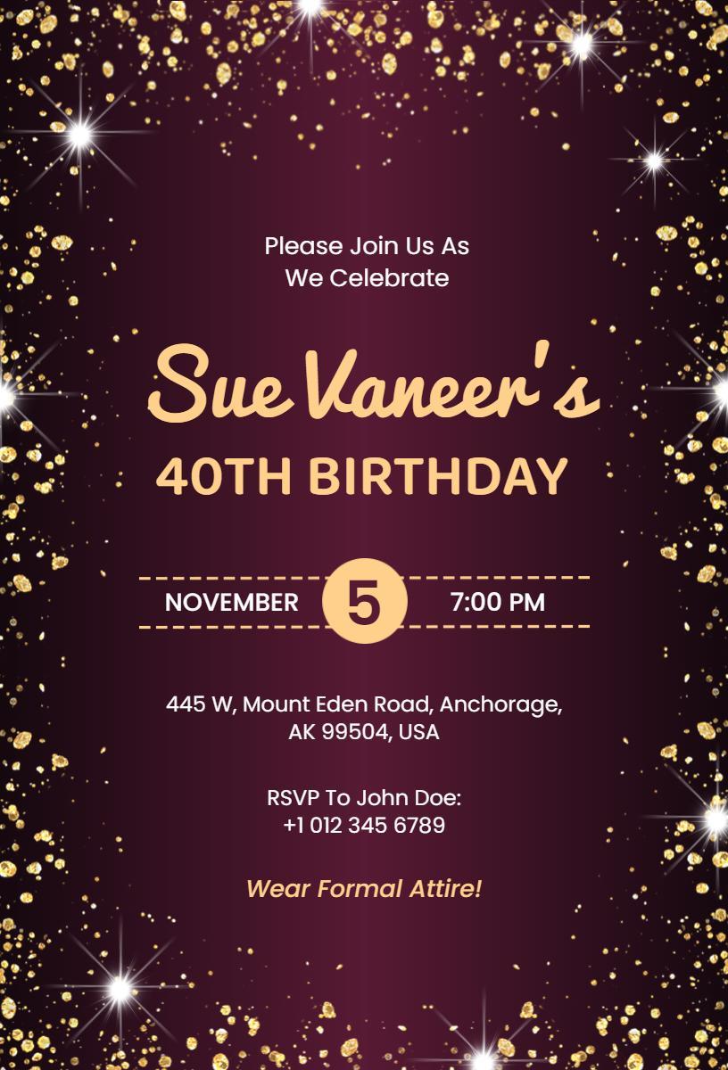 Glamorous Gold Stars 40th Birthday Celebration Invitation Template