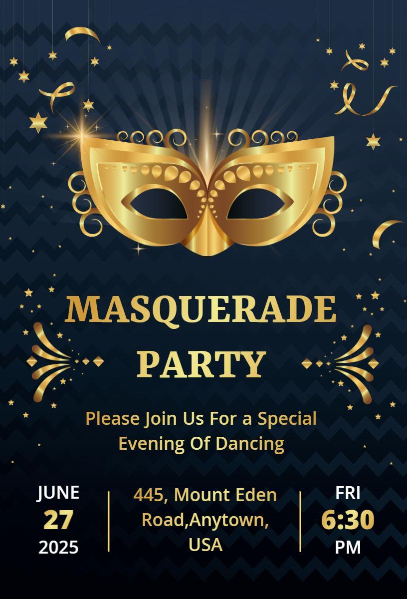 Glamorous Golden Masquerade Party Celebration Invitation Template