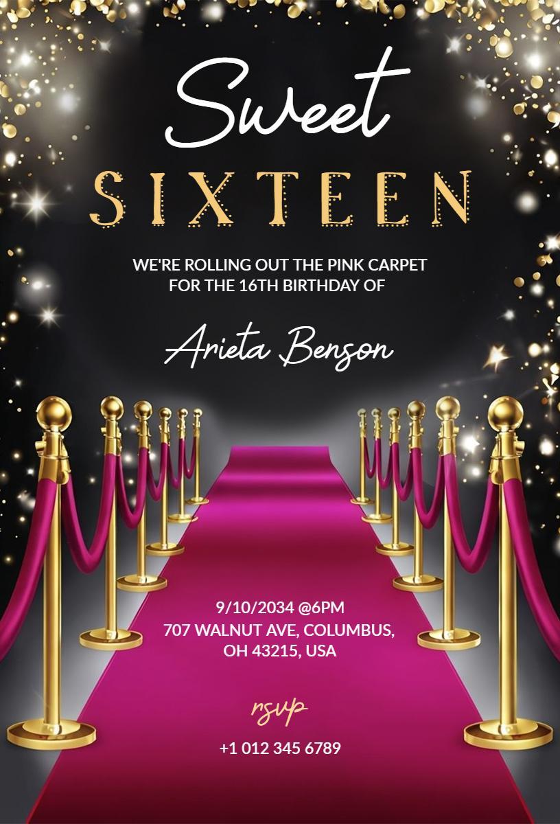 Glamorous Pink Carpet Sweet 16 Birthday Celebration Invitation Template