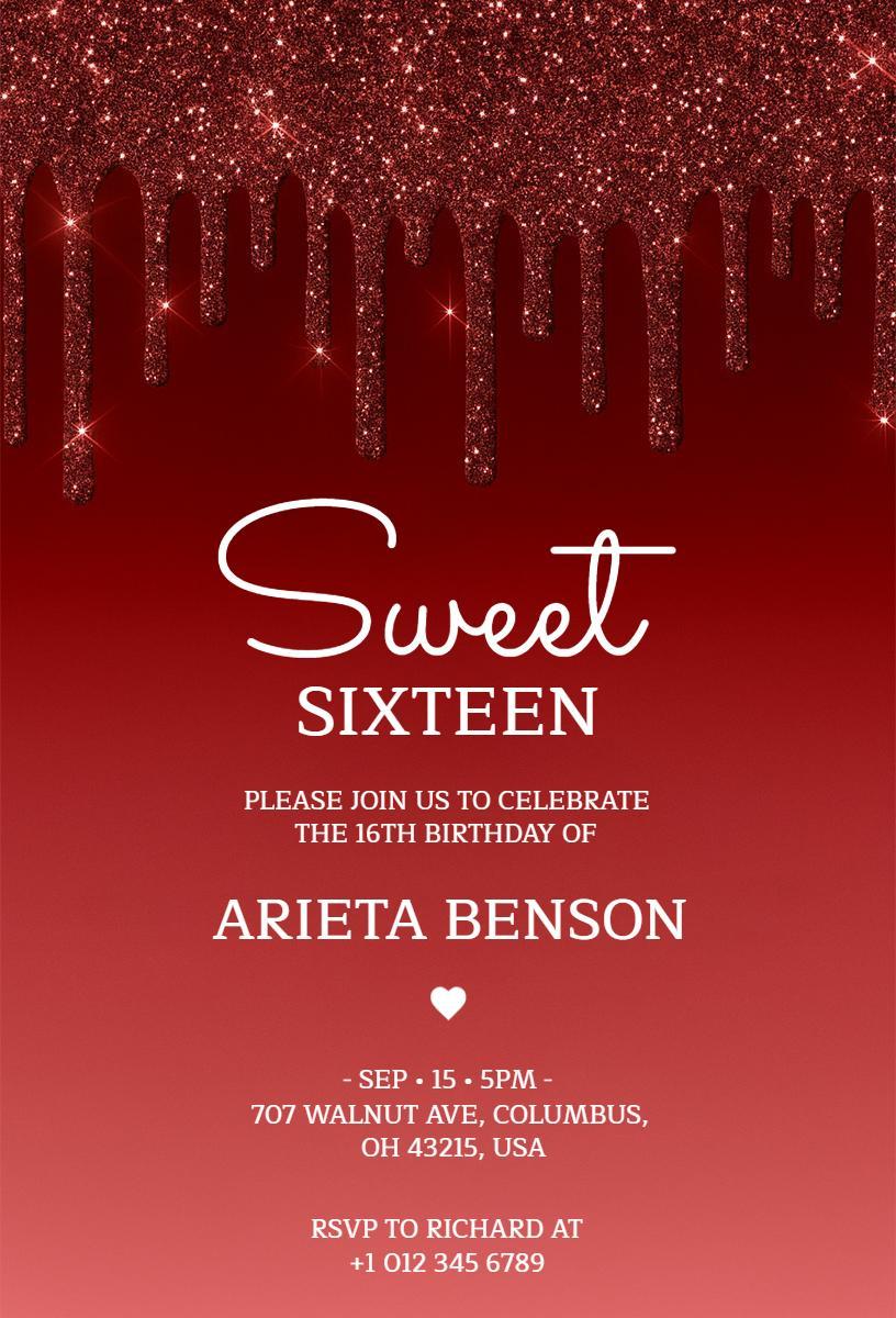 Glamorous Red Glitter Sweet 16 Birthday Invitation Template