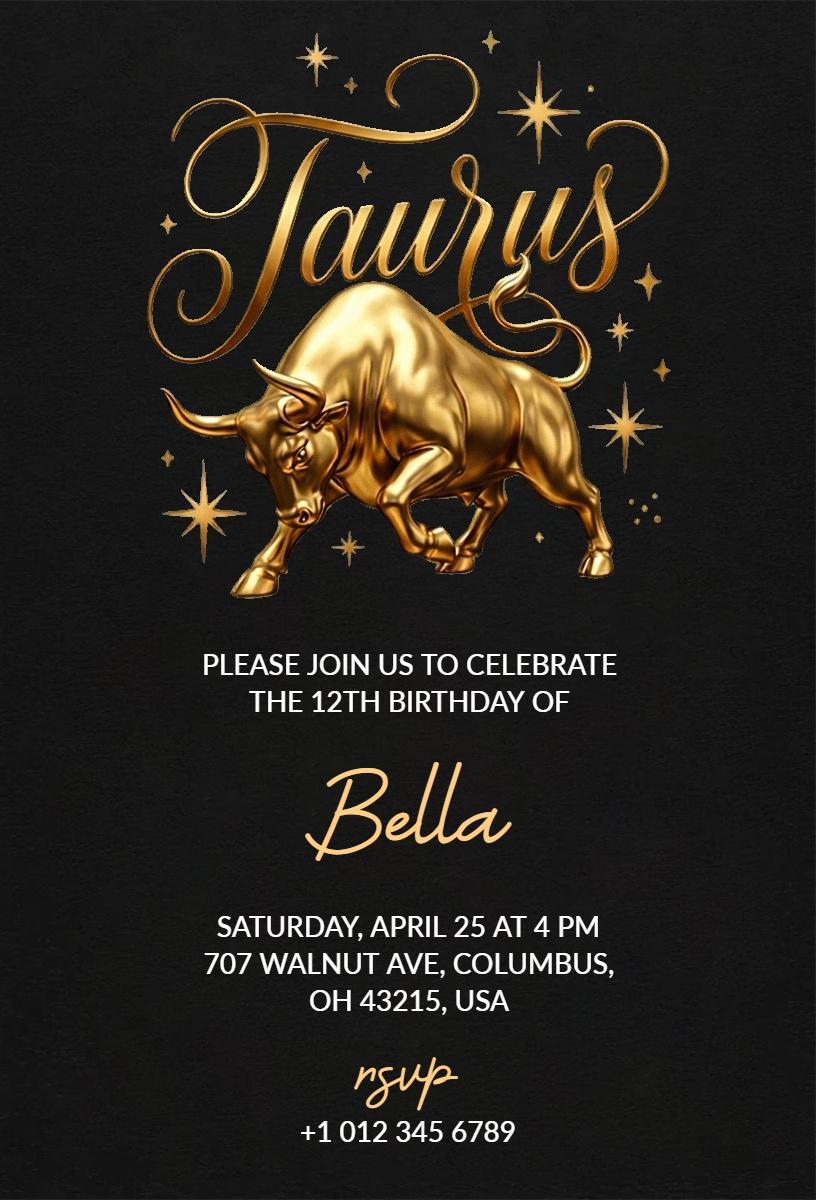Glamorous Taurus 12th Golden Birthday Celebration Invitation Template