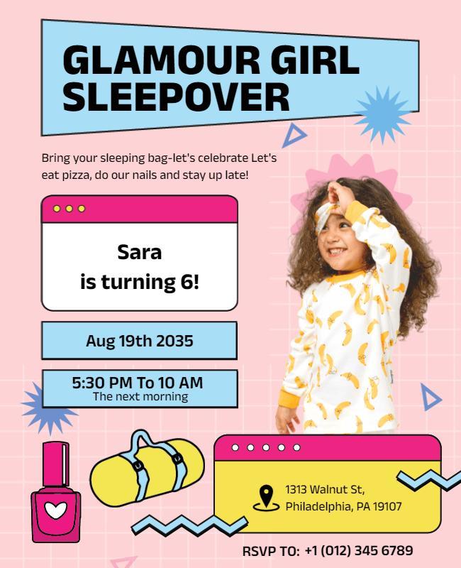 Glamour Girl Sleepover Birthday Invitation Flyer Template