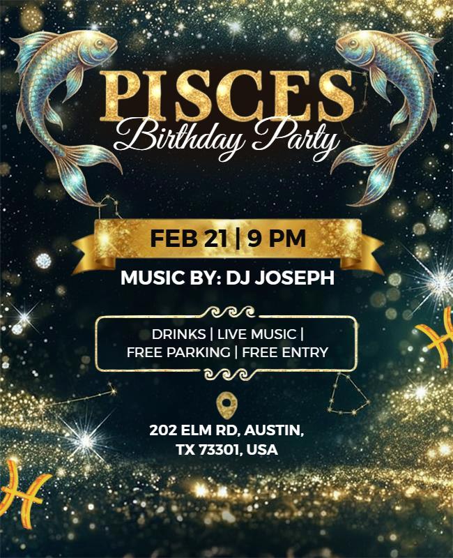 Glitter Pisces Birthday Party Flyer Template